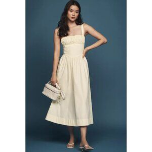 By Anthropologie Drop-Waist Ruched Midi Dress Butter Yellow XL